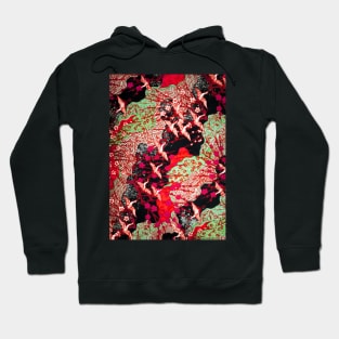 FLYING CRANES AND SPRING FLOWERS  Red Green Black Antique Japanese Floral Hoodie